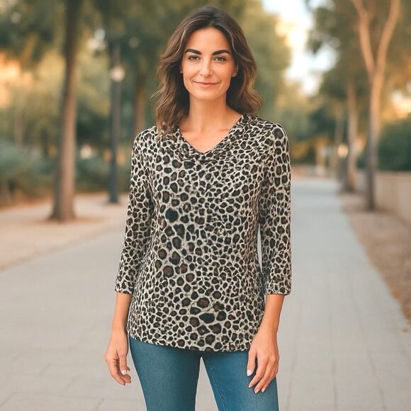 Milano Leopard Print Tunic Top Large Draped Neckline Ruched Date Night Theater - Picture 1 of 5